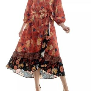 Figueroa & Flower Women’s Belted Faux Wrap‎ Brick Black Maxi Dress Size L